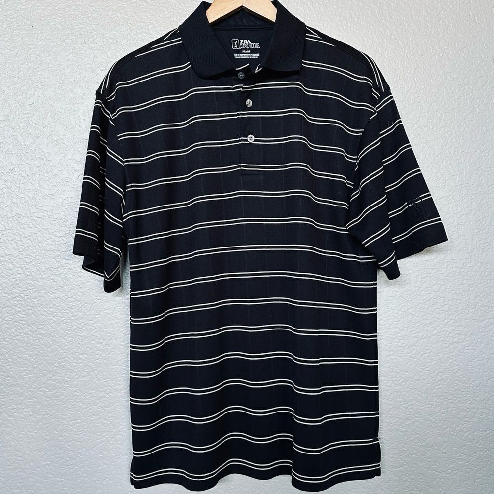 PGA Tour Black Striped Polo Golf Shirt M